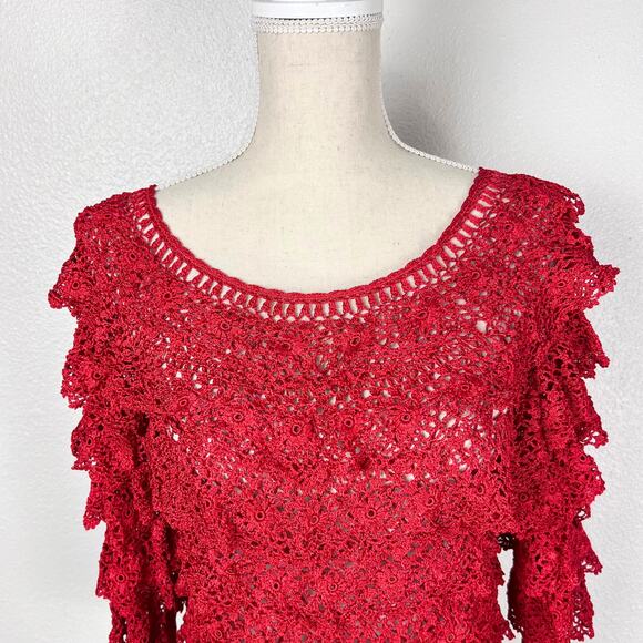 Anea A Red Crochet Lace Ruffle Sleeve Top S/M Boho Romantic Y2K Cottagecore - Picture 4 of 8